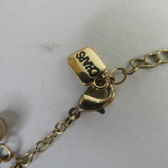 Chaps Gold Tone Dangle Faux Pearl Neutral Rhinestone Charm Necklace Movement - Picture 7 of 8